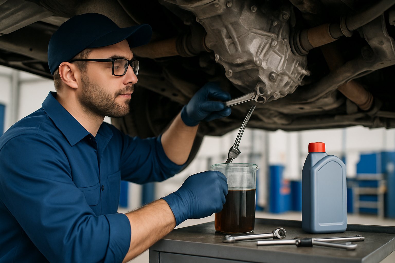 Mechanic draining transfer case fluid from a vehicle in an automotive workshop.