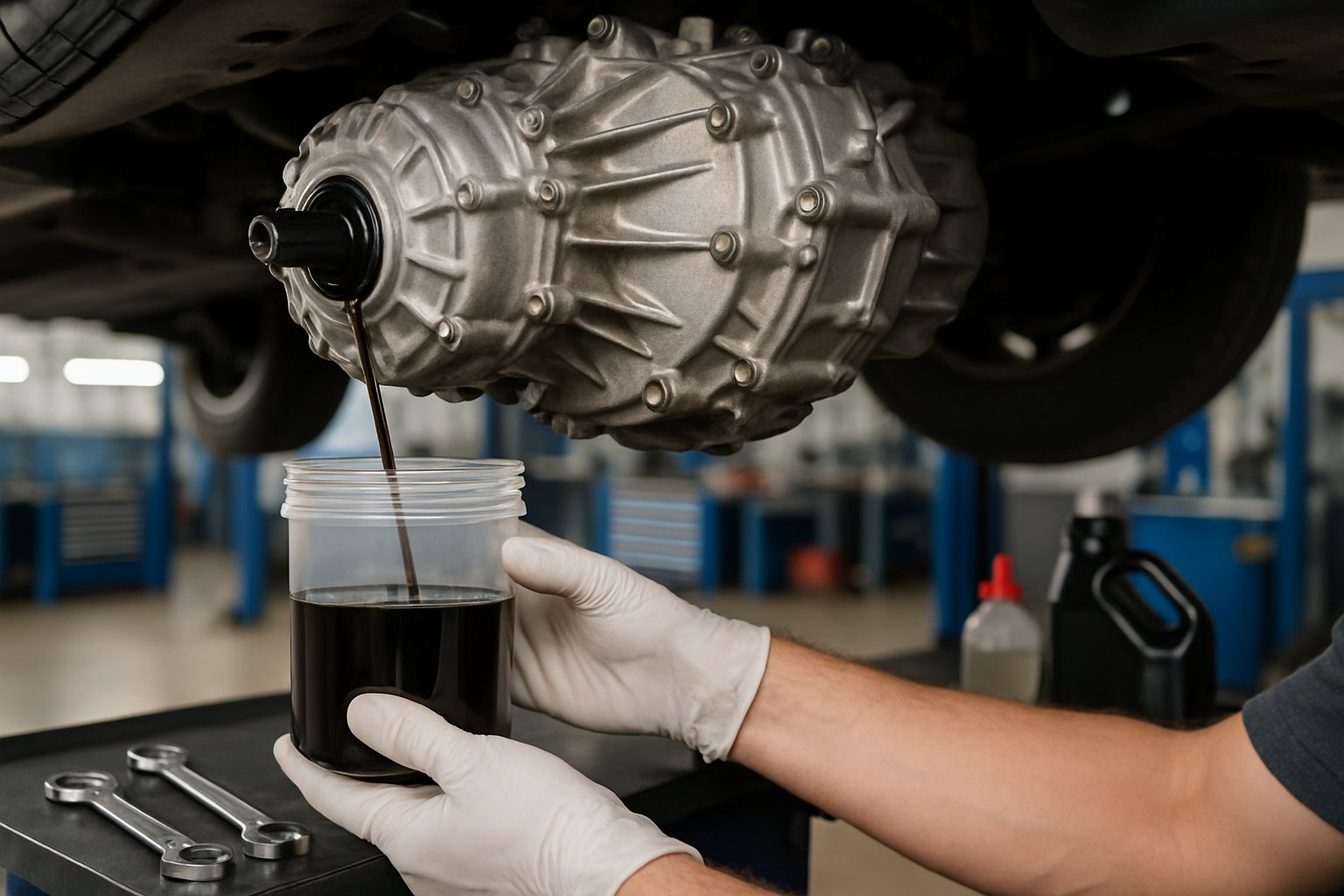 Close-up of a mechanic draining fluid from a vehicle's transfer case underneath an SUV in an automotive workshop.
