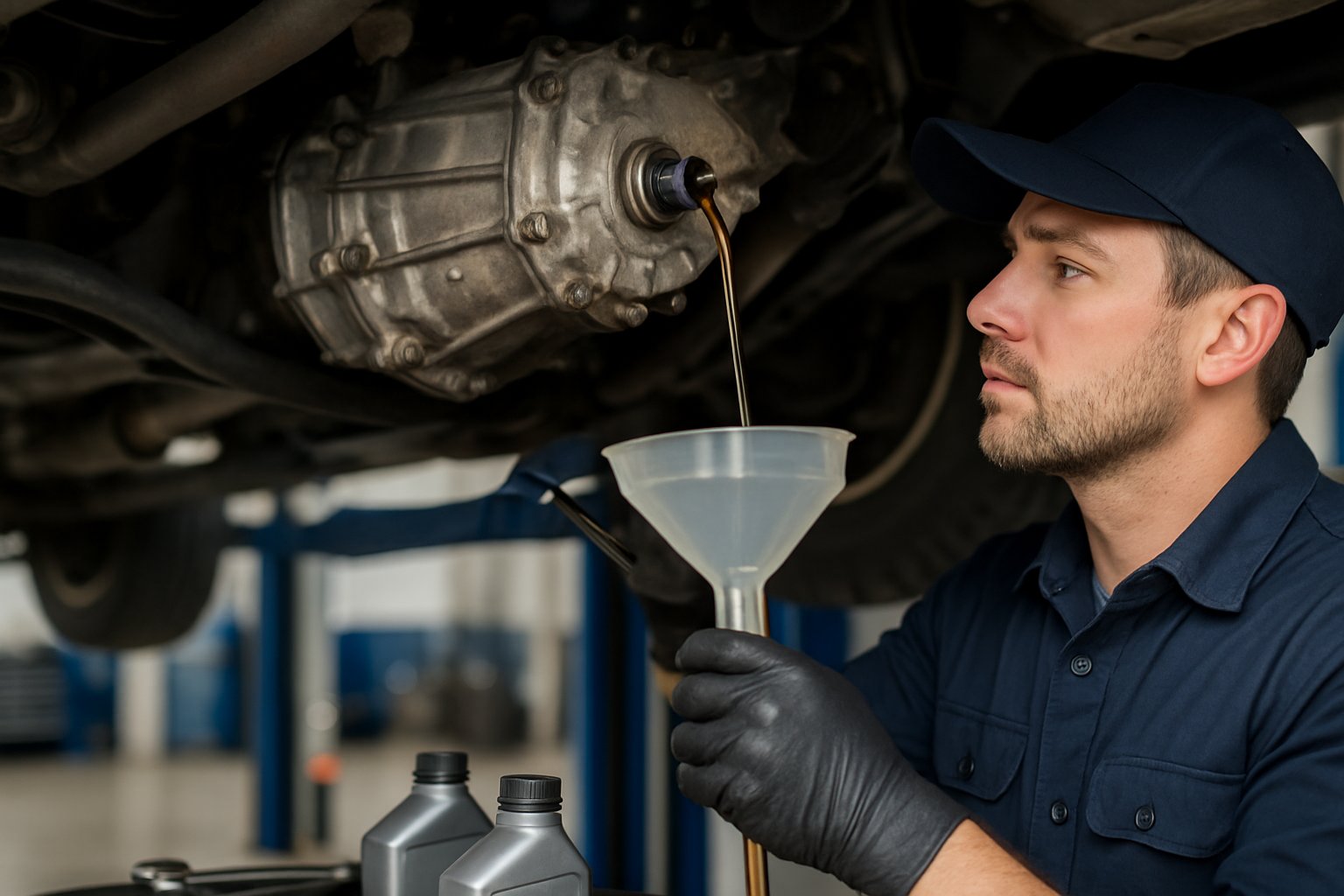 A mechanic performing transfer case fluid service on a vehicle in an automotive workshop.