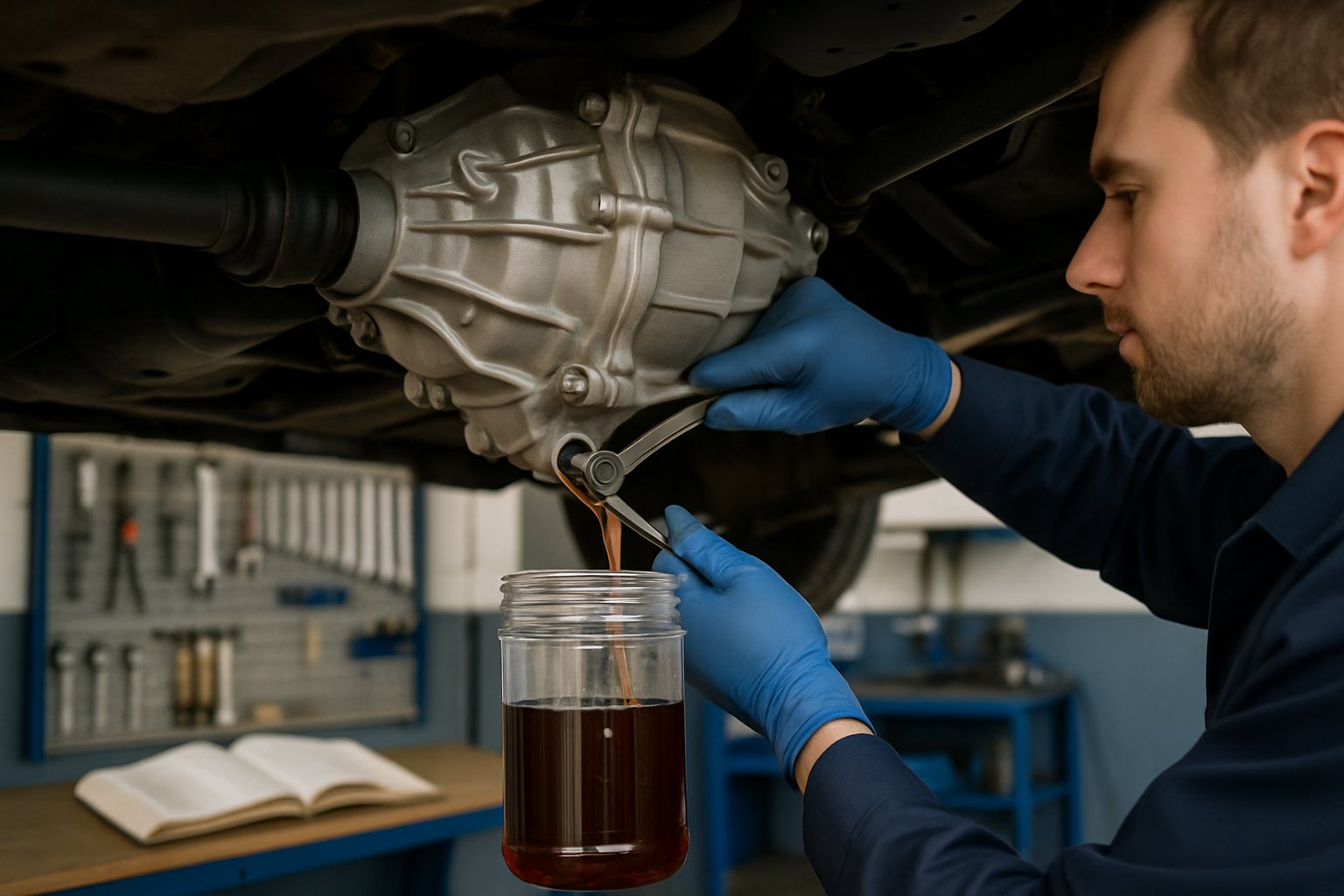Mechanic changing transfer case fluid under a car in a clean automotive workshop.
