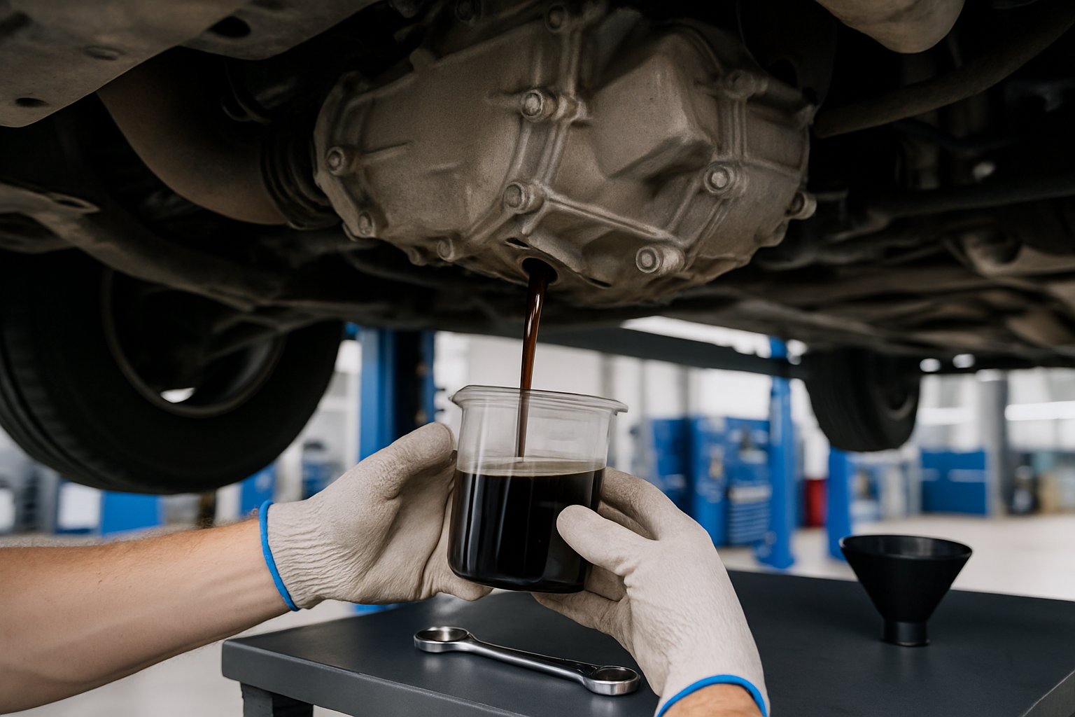 Mechanic draining transfer case fluid from a vehicle in an automotive repair shop.