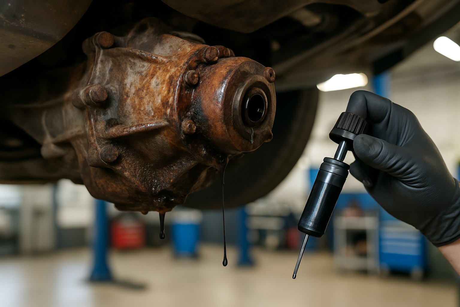 Close-up of a vehicle transfer case showing rust and leaking dark fluid, with a mechanic's gloved hand inspecting it in an automotive workshop.