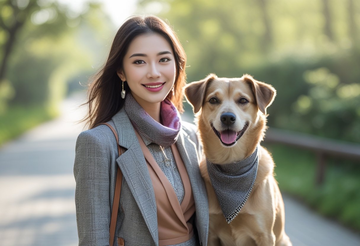 A young woman and her dog standing together outdoors, wearing coordinated outfits that complement each other.