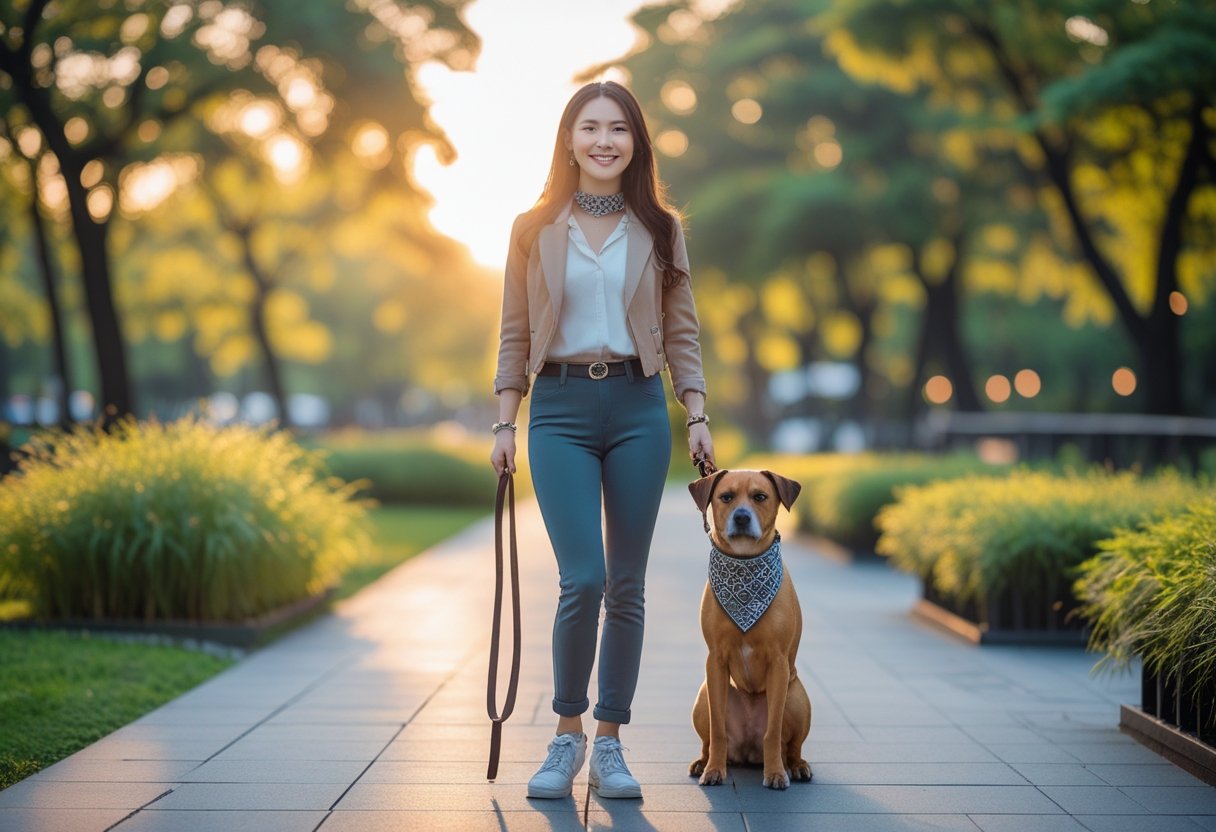 A woman and her dog standing together outdoors, both wearing coordinated outfits and accessories.