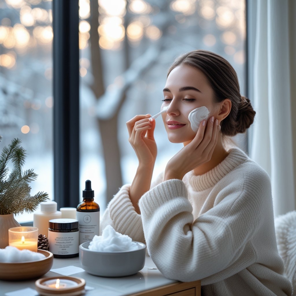 A woman applying moisturizing cream to her face at a vanity table with skincare products, near a window showing a snowy winter scene.