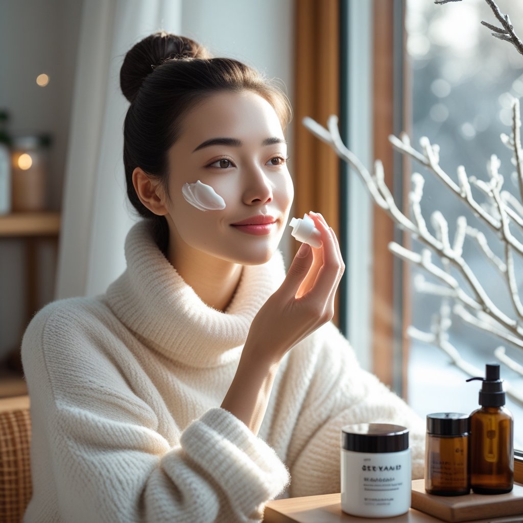 A woman in a white sweater applying moisturizer to her face near a window with frosted branches outside and skincare products on a table.