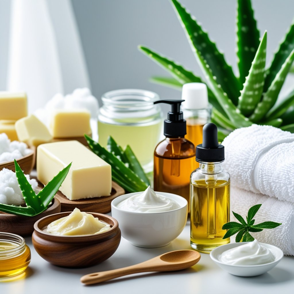 A collection of natural winter skincare ingredients and beauty products arranged on a white surface.