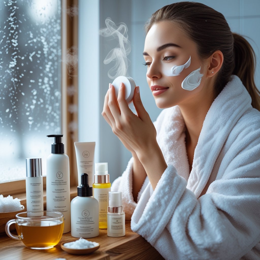 A woman in a white robe applying moisturizer at a bathroom vanity with winter skincare products and a snowy window in the background.