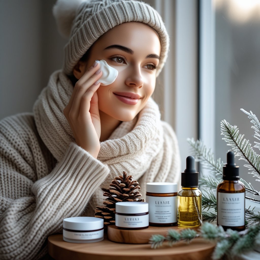 A woman applying moisturizer to her face while sitting by a window with skincare products on a table nearby.