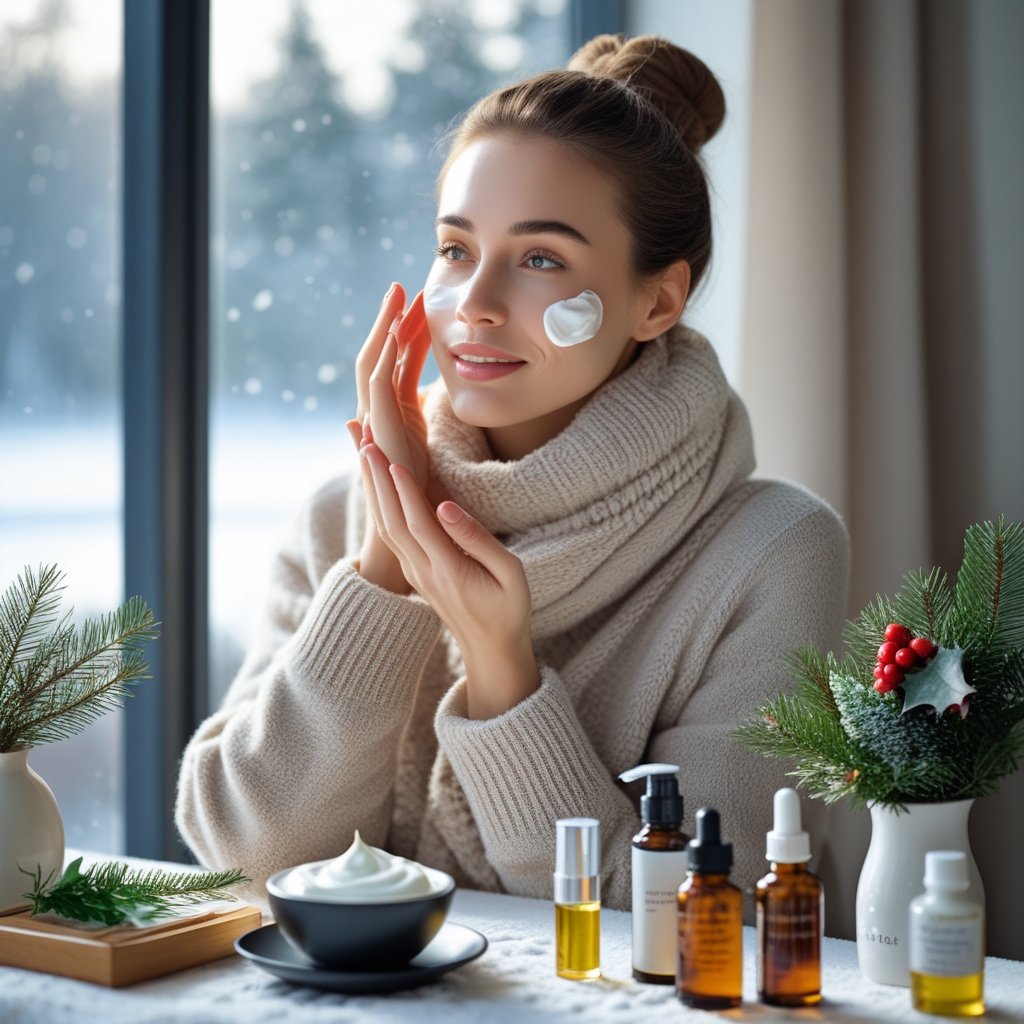 A woman indoors near a window applying moisturizer to her face with skincare products and winter greenery on the table.