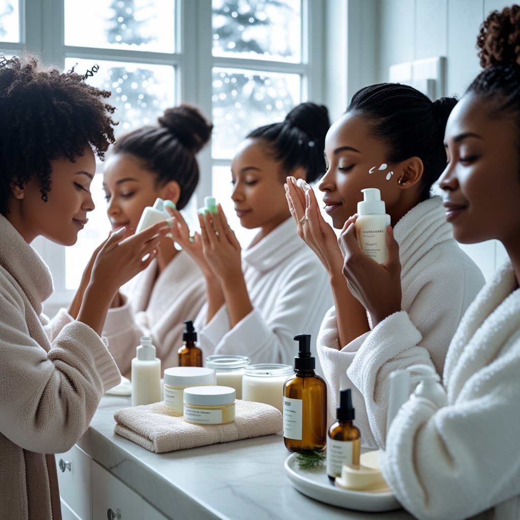 A diverse group of women applying skincare products in a bright bathroom during winter.