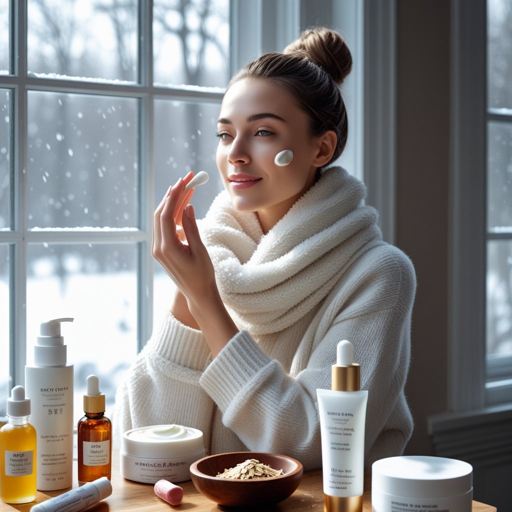 A woman applying moisturizing cream to her face near a window with a snowy winter scene outside, surrounded by skincare products on a wooden table.