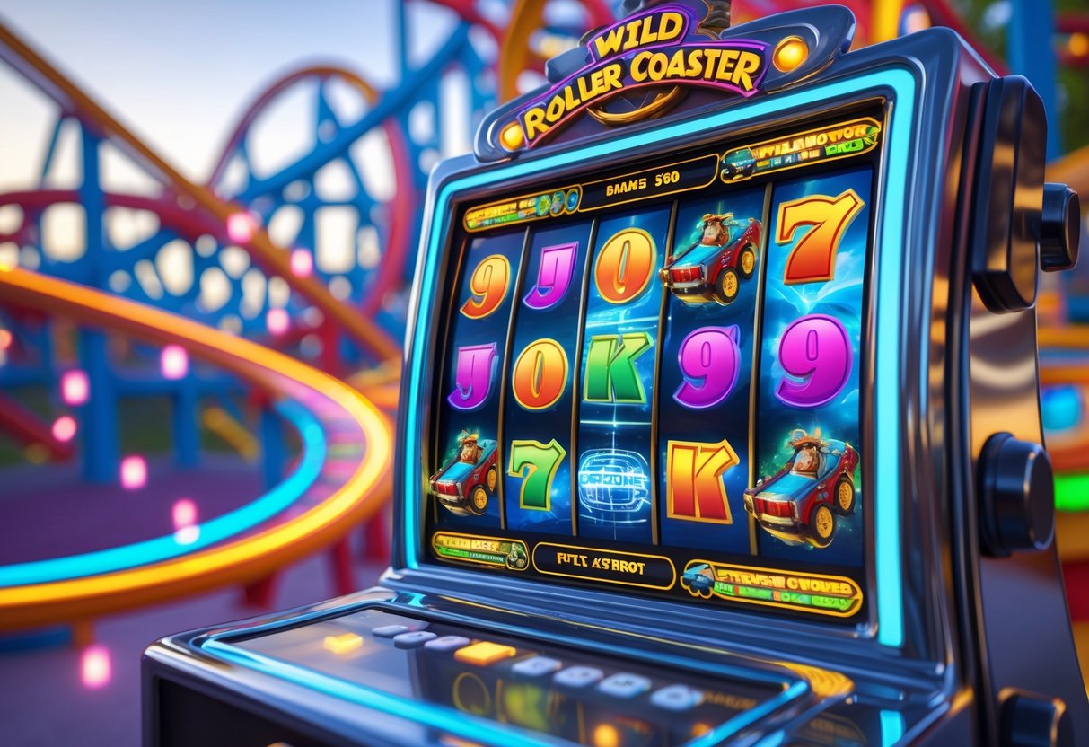 Mesin slot dengan tema roller coaster liar di taman hiburan, menampilkan trek roller coaster berwarna-warni dan simbol permainan di mesin slot.