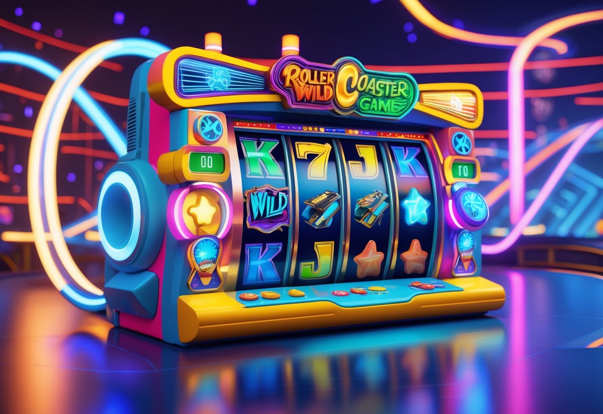 Mesin slot dengan tema roller coaster liar yang penuh warna dan simbol permainan, dikelilingi oleh trek roller coaster dan lampu neon di lingkungan arcade yang hidup.