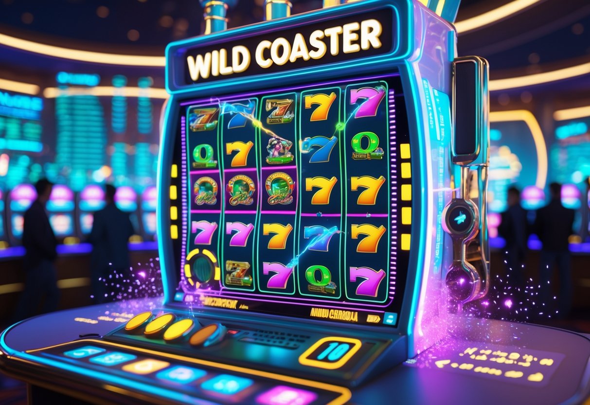 Sebuah mesin slot Wild Coaster dengan grafik statistik dan pemain yang sedang bermain di latar belakang.