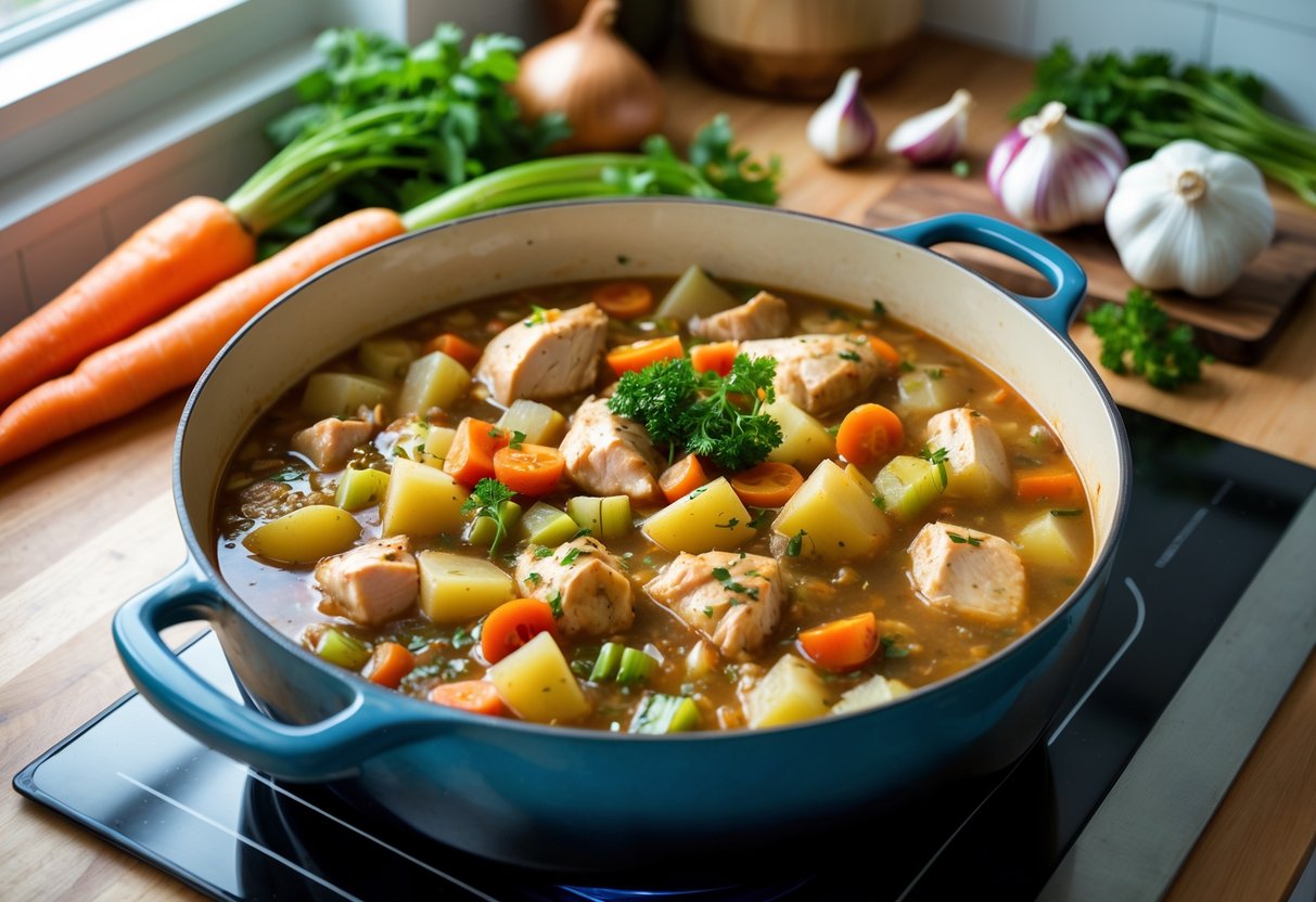 A pot of chicken stew with vegetables simmering on a stove in a kitchen surrounded by fresh ingredients on a wooden countertop.