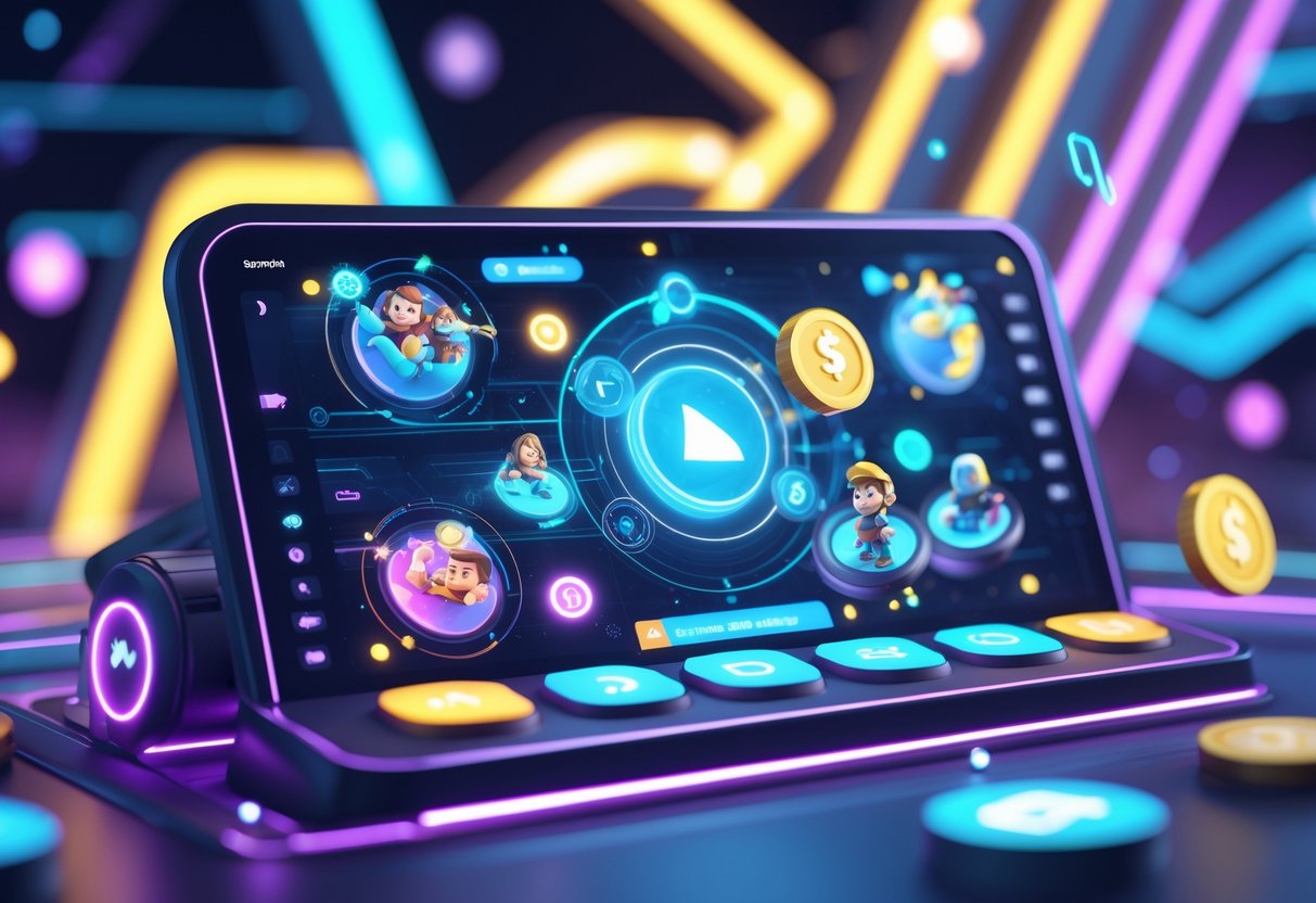 Tampilan antarmuka permainan futuristik dengan ikon game, koin virtual, dan karakter animasi dalam lingkungan berwarna neon.