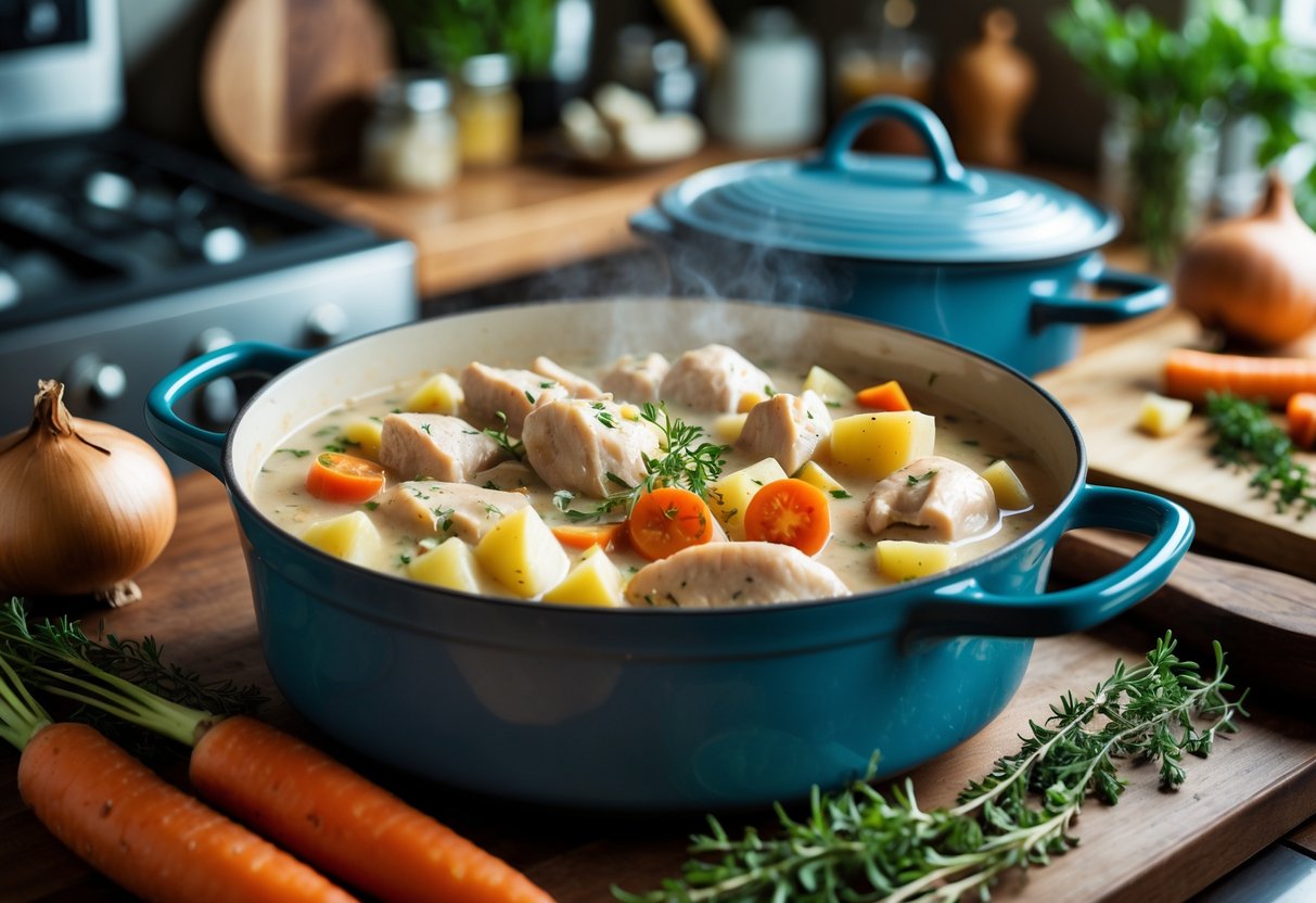 A steaming pot of creamy chicken stew with vegetables on a wooden countertop in a kitchen setting.