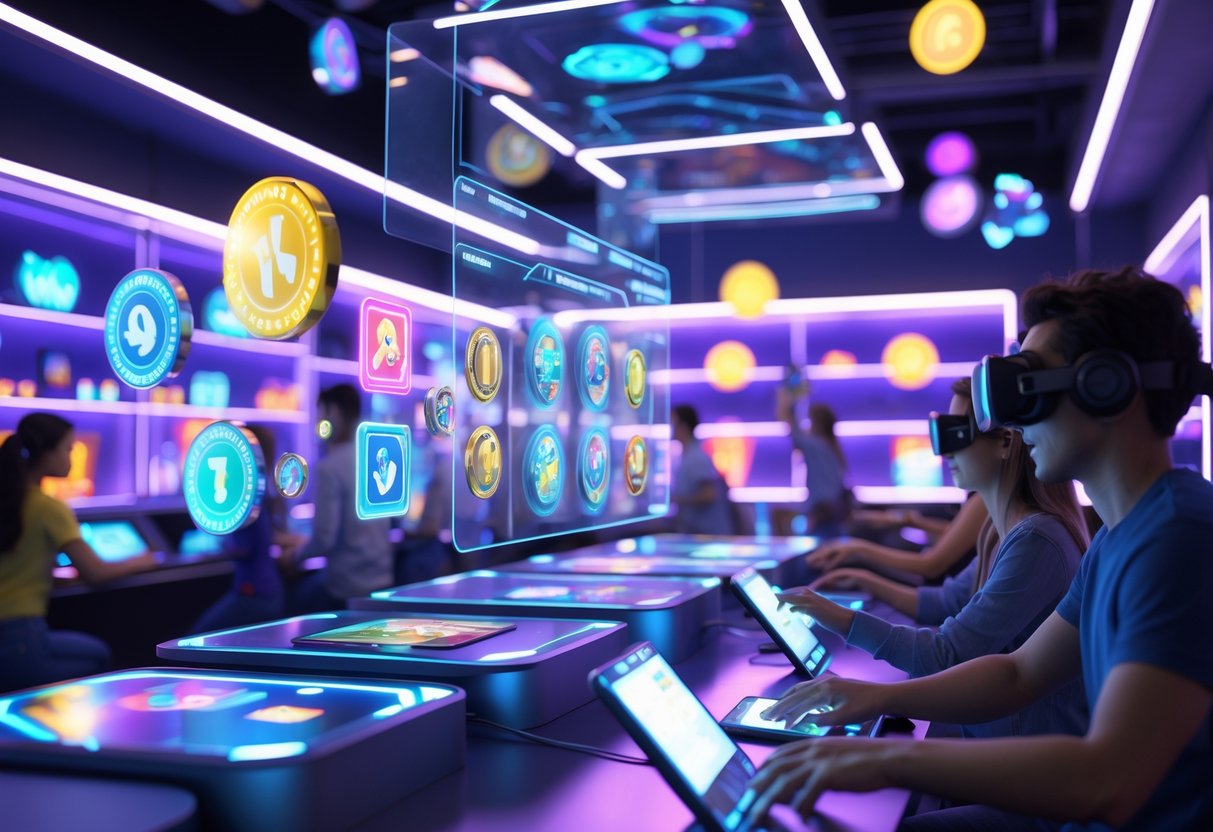 Suasana ruang permainan futuristik dengan pemain yang menggunakan perangkat teknologi canggih dan layar holografik yang menampilkan elemen permainan yang berwarna-warni.