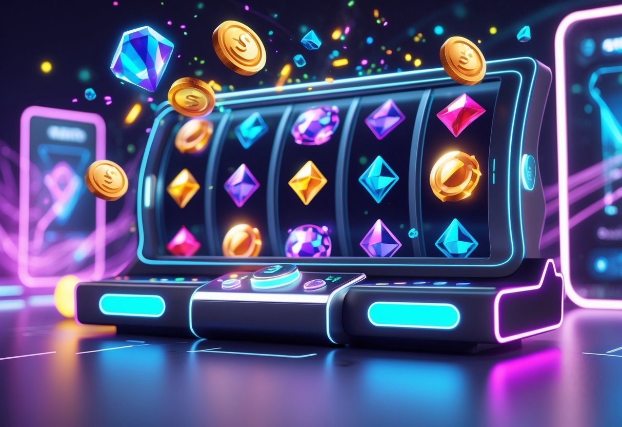 Tampilan antarmuka permainan digital dengan mesin slot futuristik dan simbol warna-warni yang mengambang di sekitar gulungan, dikelilingi oleh efek cahaya dan partikel digital.