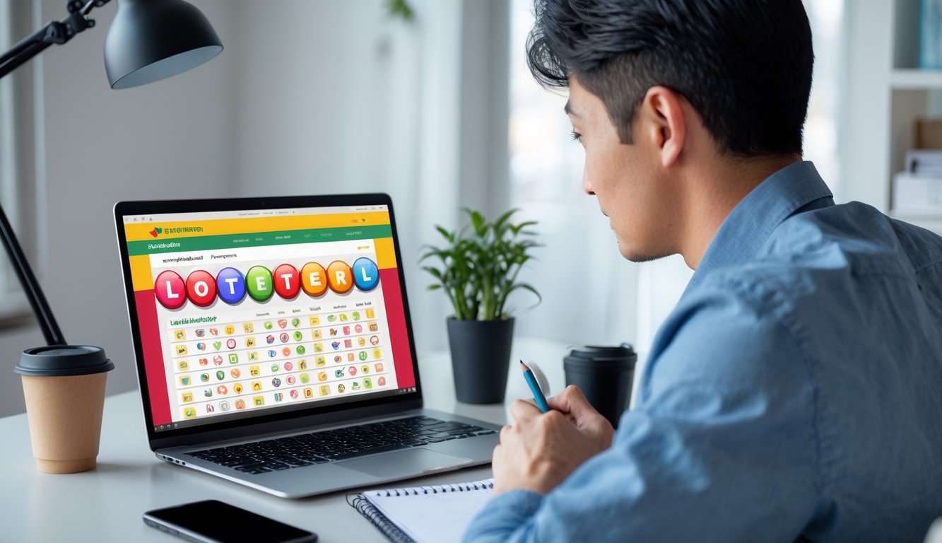 Seorang pemula sedang belajar bermain togel online di depan laptop di ruang kerja yang rapi dan terang.