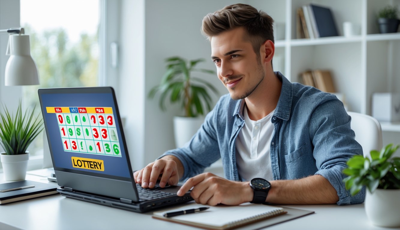 Seseorang duduk di meja dengan laptop dan smartphone, fokus bermain togel online di ruang kerja yang terang dan rapi.