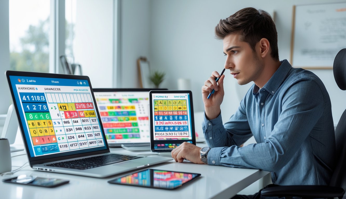 Seorang dewasa muda duduk di meja modern dengan beberapa perangkat digital yang menampilkan angka lotere dan grafik pola, sedang menganalisis data dengan serius.