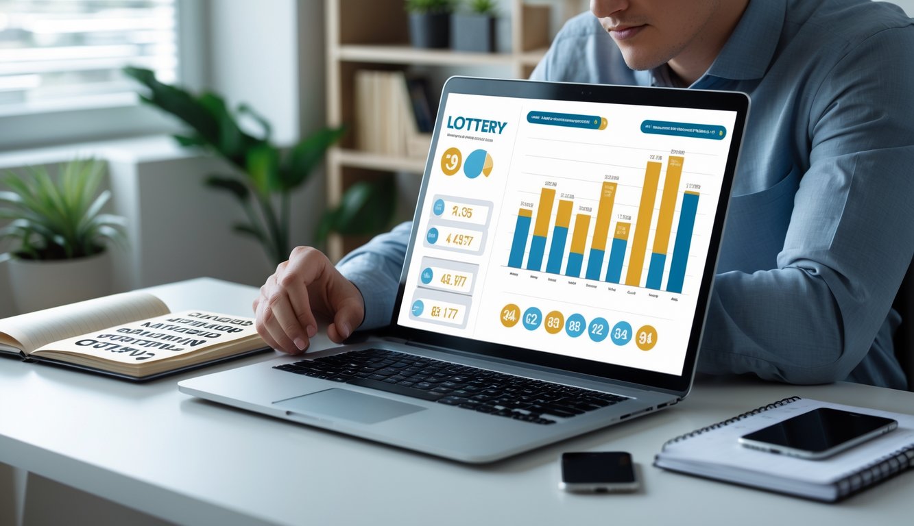 Seseorang sedang fokus menganalisis angka dan pasar togel online di depan laptop di ruang kerja rumah yang rapi.