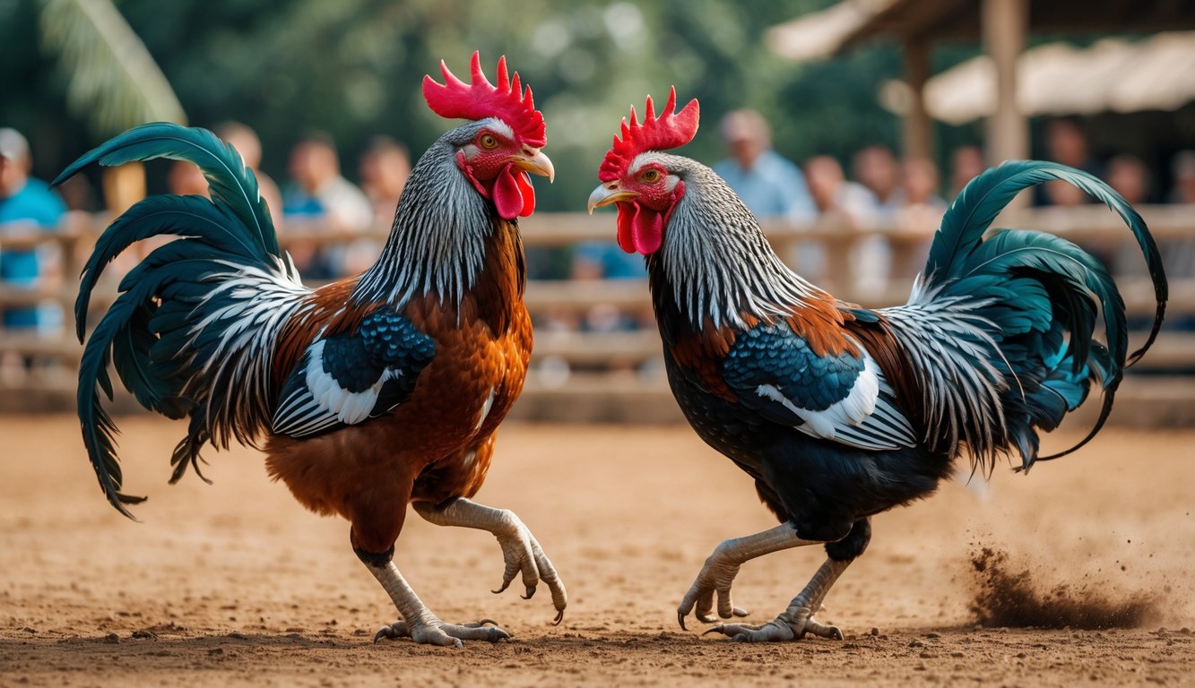 Dua ayam jago sedang bertarung di arena luar ruangan dengan penonton di latar belakang.