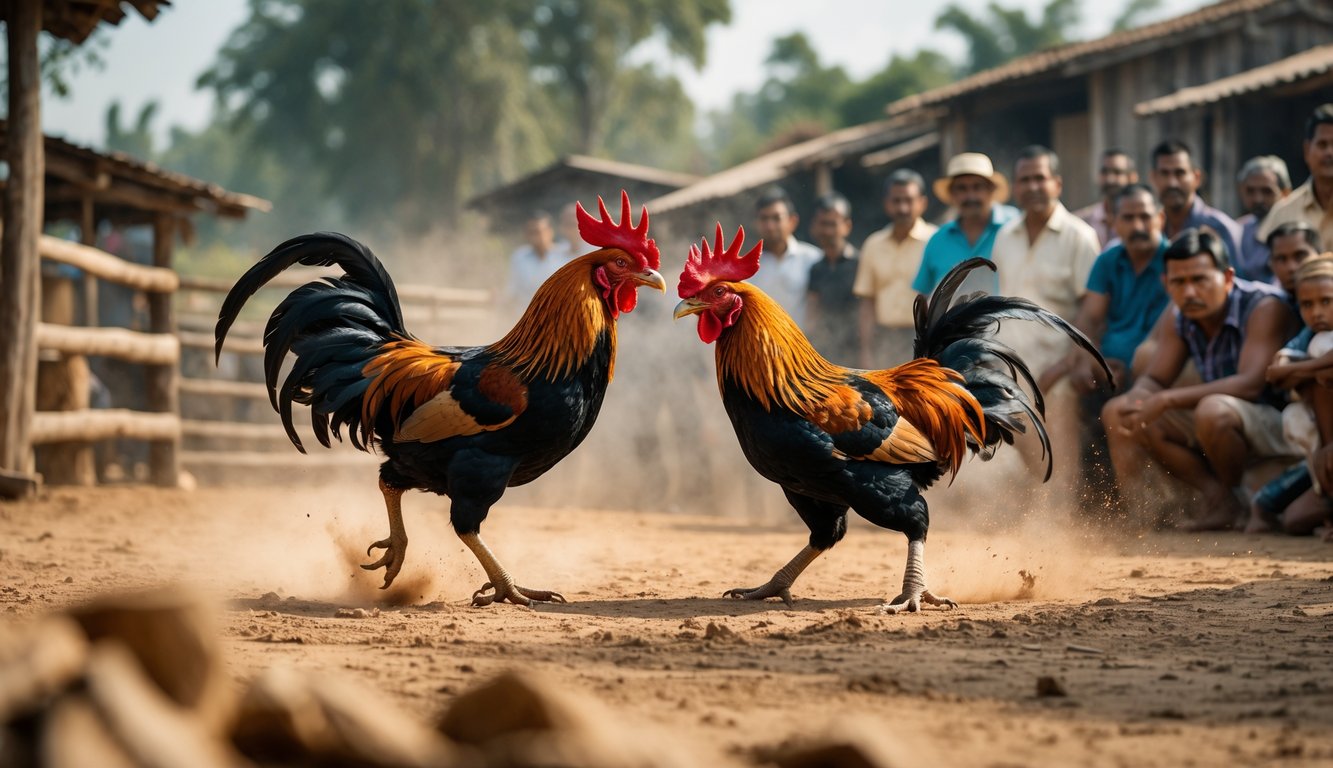 Dua ayam jago sedang bertarung di depan sekelompok penonton di suasana pedesaan.