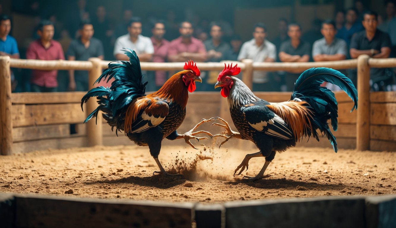 Dua ayam aduan sedang bertarung di arena dengan penonton yang memperhatikan dengan serius.