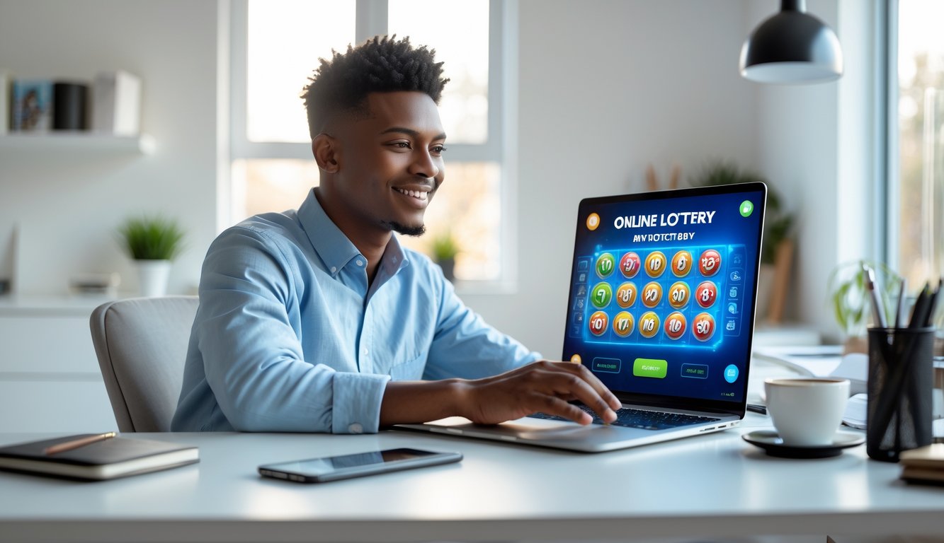 Seorang dewasa muda duduk di meja kerja modern menggunakan laptop dengan ekspresi percaya diri dan nyaman di ruang kerja rumah yang terang.