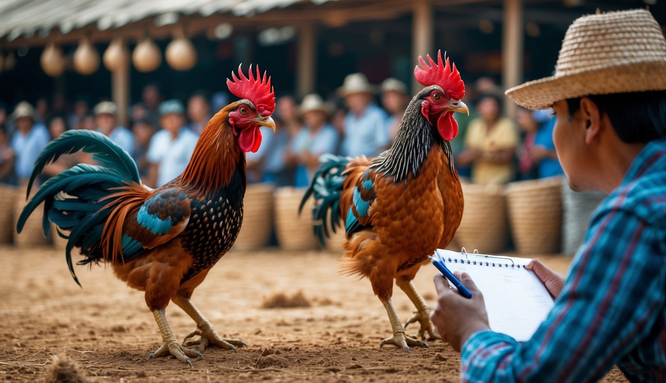 Dua ayam jago sedang bertarung di arena sabung ayam dengan penonton di latar belakang dan seseorang mengamati sambil mencatat.