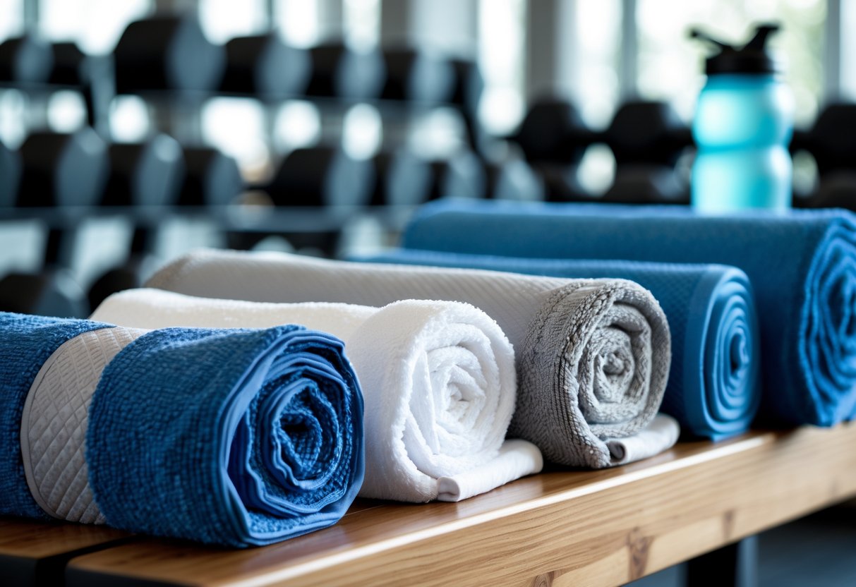 A variety of gym towels of different sizes neatly arranged on a bench in a gym with gym equipment in the background.