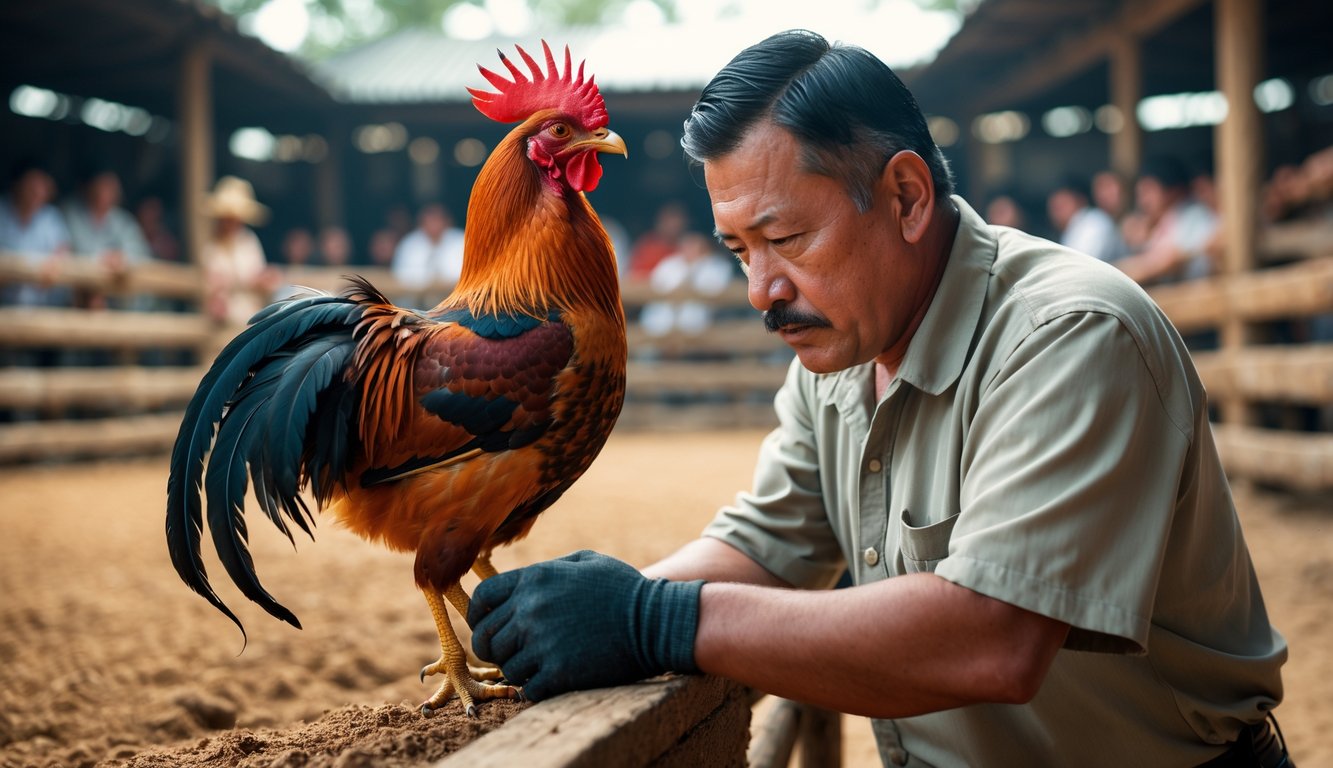 Seorang ahli sedang memeriksa seekor ayam jago dengan latar belakang arena sabung ayam dan penonton.