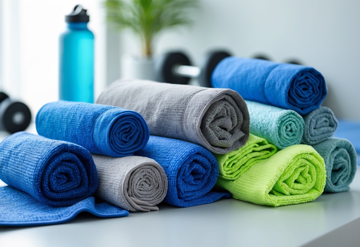 Various microfiber gym towels in different sizes and colors arranged on a light surface with gym equipment in the background.