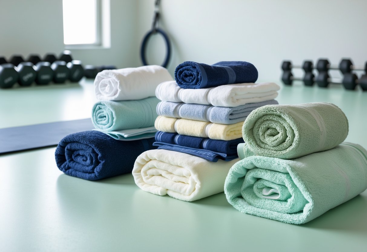 Various cotton gym towels in different sizes and colors arranged on a surface with gym equipment in the background.
