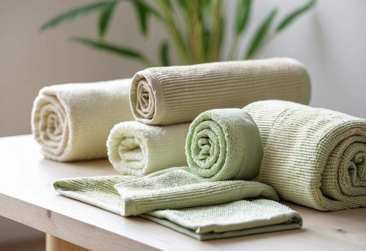 Three bamboo fiber gym towels of different sizes displayed on a wooden surface.