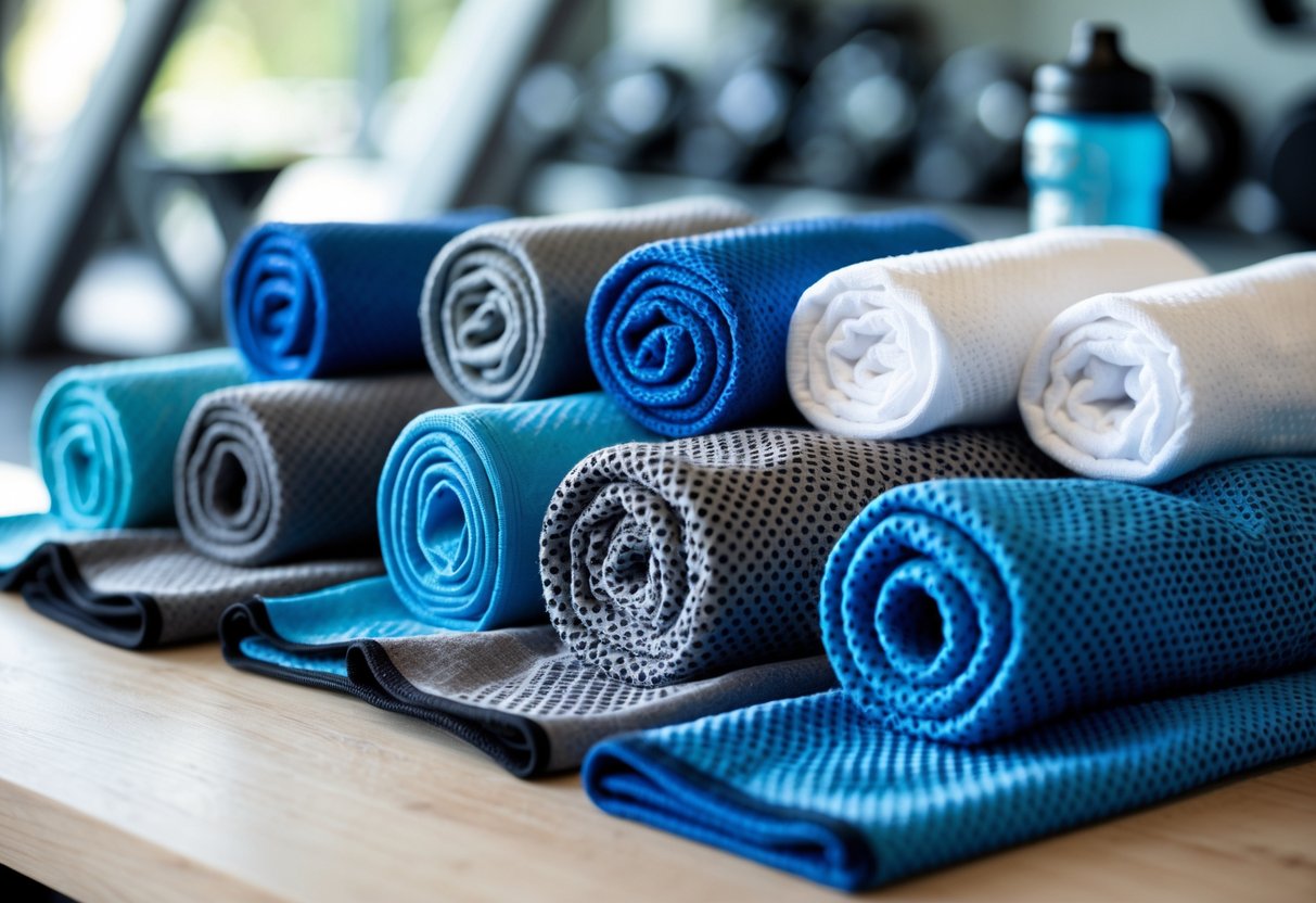 Various types of cooling gym towels displayed on a wooden surface with gym equipment blurred in the background.