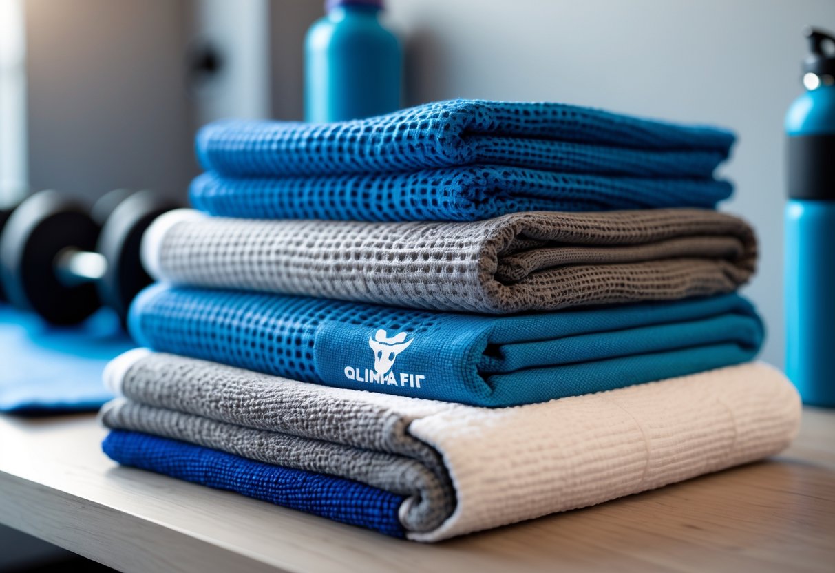A collection of folded gym towels in different sizes and colors arranged on a wooden surface with gym equipment blurred in the background.