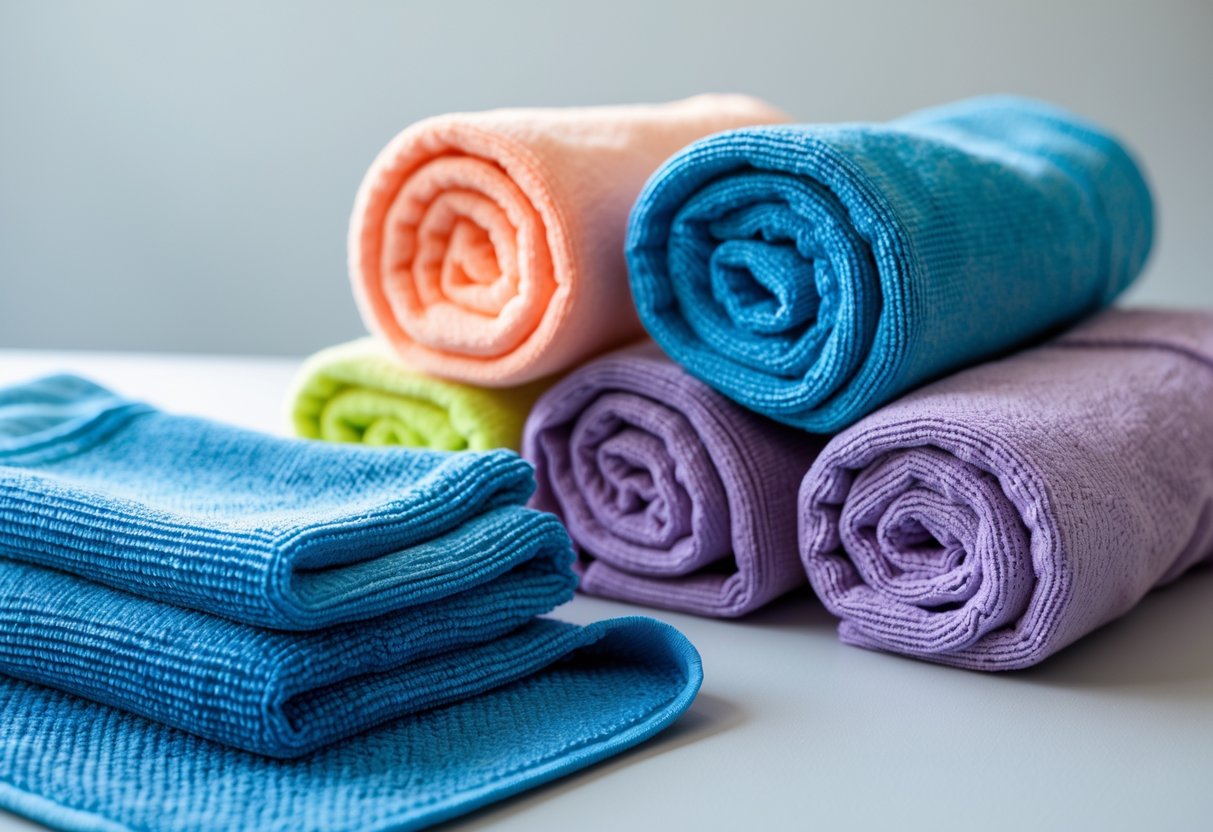 Three gym towels made of quick-dry microfiber fabric arranged on a light surface, showing different folds and textures.