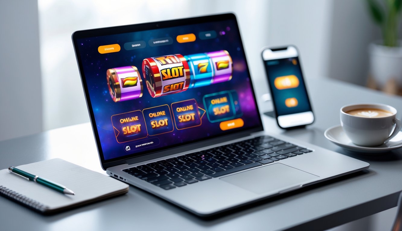 Meja kerja dengan laptop yang menampilkan permainan slot online, buku catatan, ponsel, dan secangkir kopi.