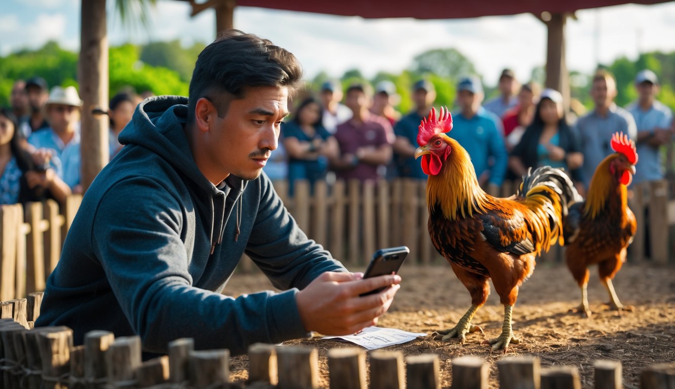 Seorang pria muda sedang menonton pertandingan sabung ayam di luar ruangan dengan dua ayam jago bertarung di arena.