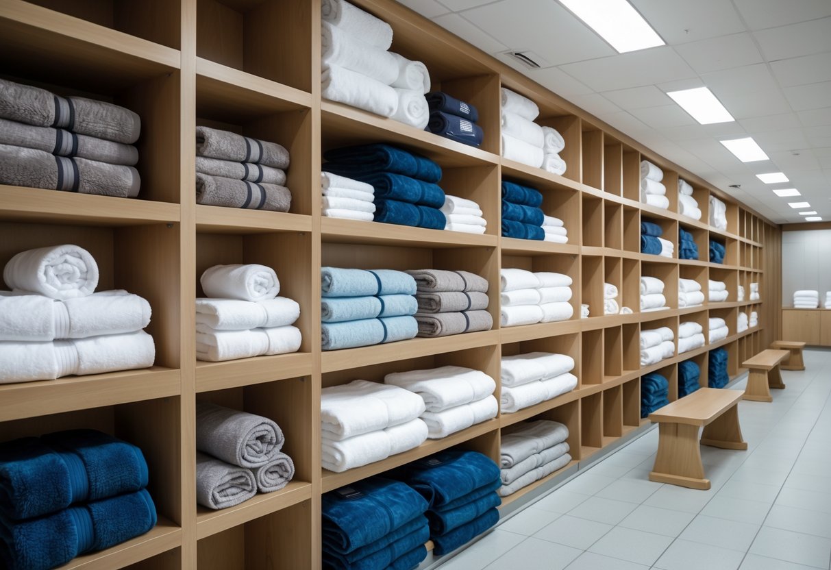 A large locker room with shelves and hooks holding different types of gym towels in various sizes and colors.