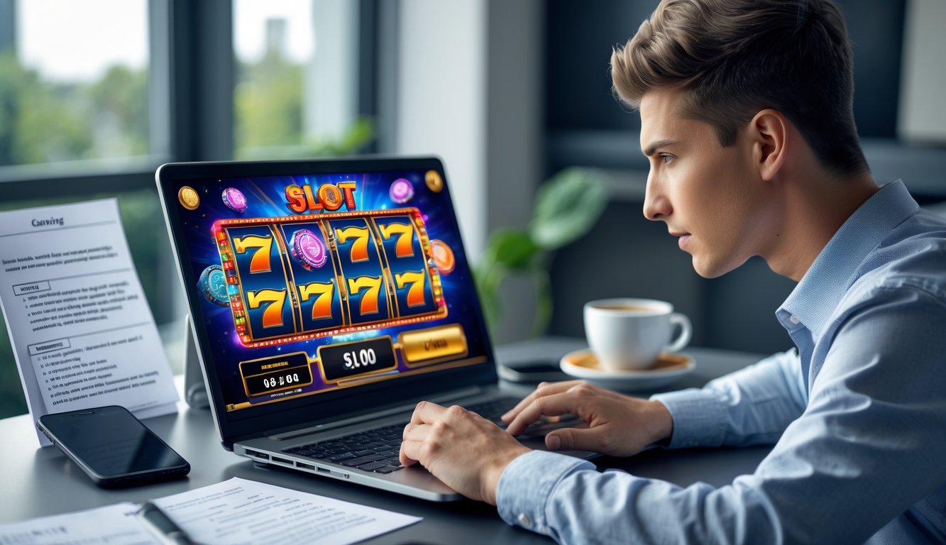 Seorang pria muda duduk di meja modern sambil bermain permainan slot online di laptop dengan tampilan layar penuh warna dan suasana fokus.