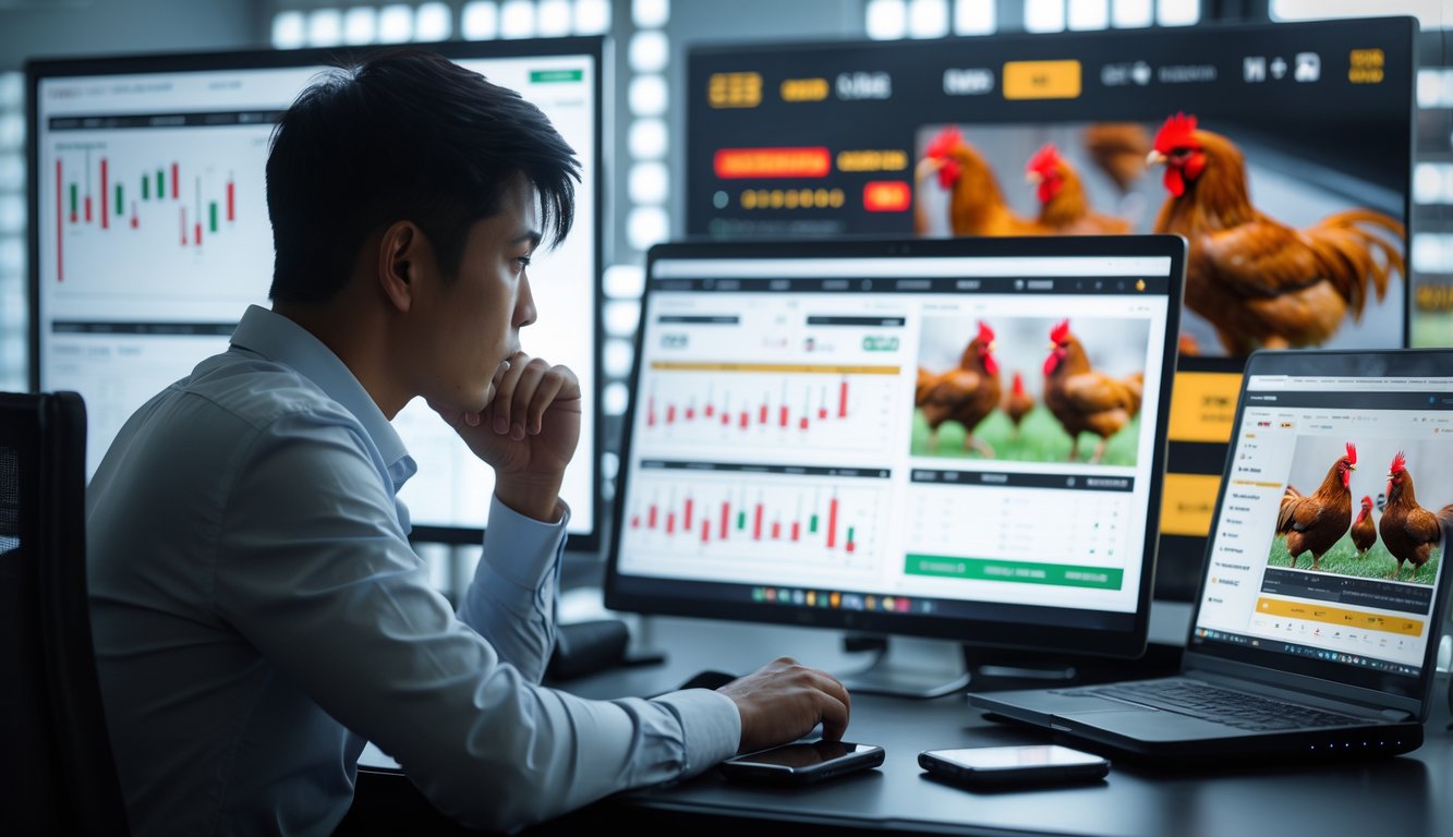 Seseorang sedang duduk di depan komputer dan ponsel, fokus menganalisis data taruhan sabung ayam online.