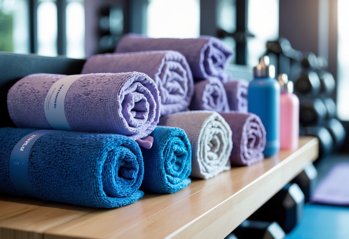 A variety of neatly folded and rolled gym towels arranged on a wooden bench with gym equipment blurred in the background.