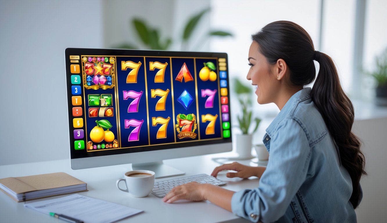 Seorang pemula sedang bermain permainan slot online di laptop di meja yang rapi dengan suasana belajar yang nyaman.