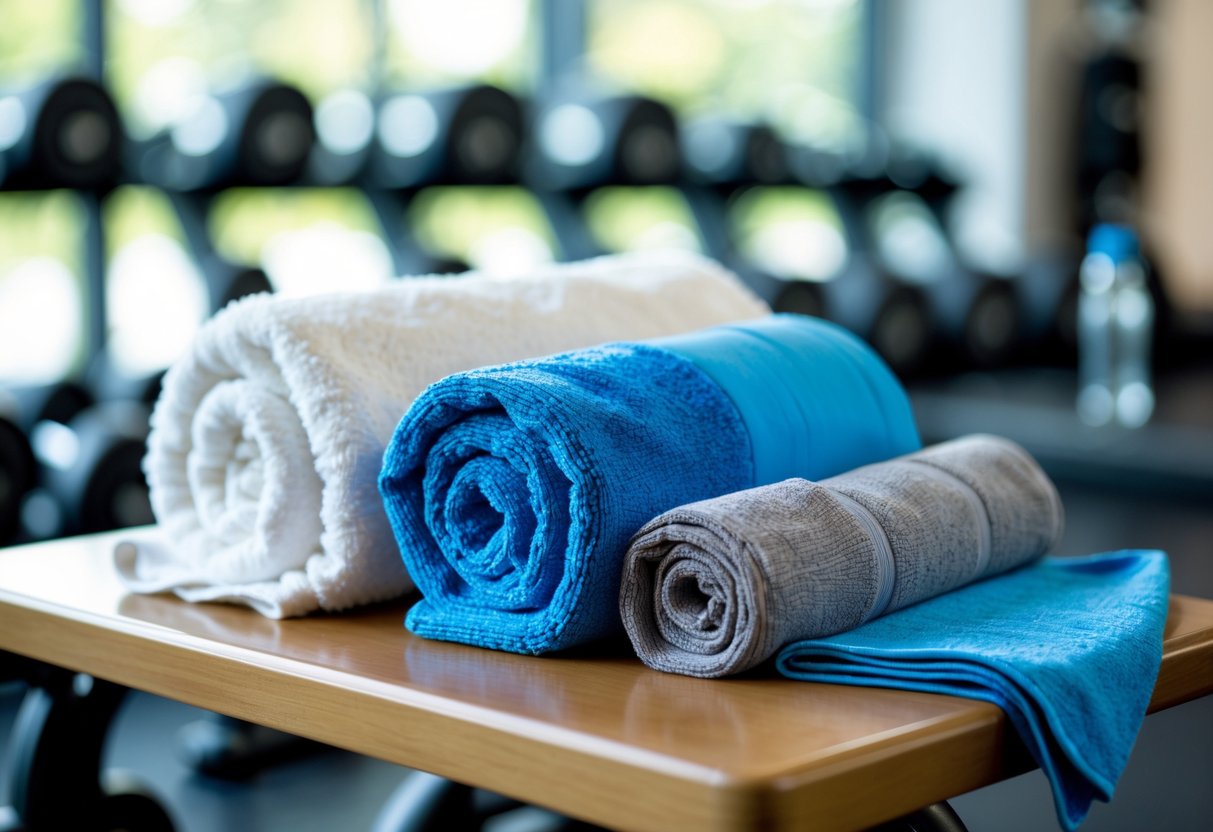 Various gym towels neatly arranged on a wooden bench with gym equipment blurred in the background.