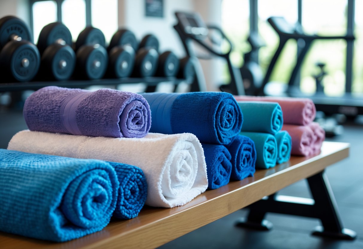 A collection of different gym towels arranged on a bench with gym equipment visible in the background.